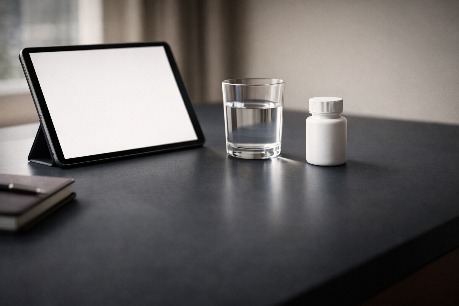 Clinical consultation setup with tablet, water glass, and prescription medication